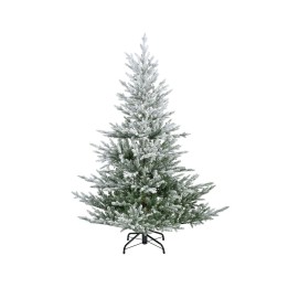 A frosted artificial Christmas tree with a sturdy black base, shaped like a tall triangle.