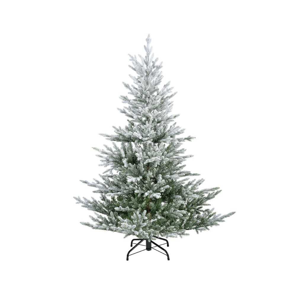 Sapin enneigé aux branches denses, reposant sur un support noir élégant.