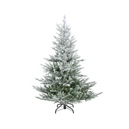 Sapin enneigé aux branches denses, reposant sur un support noir élégant. Sapin enneigé aux branches denses, reposant sur un support noir élégant.