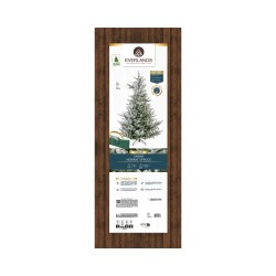 Étiquette de sapin artificiel sur fond bois, avec des informations et illustrations colorées.
