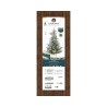 Étiquette de sapin artificiel sur fond bois, avec des informations et illustrations colorées.