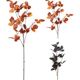 Three decorative branches with orange, dark red, and black leaves on slender stems.