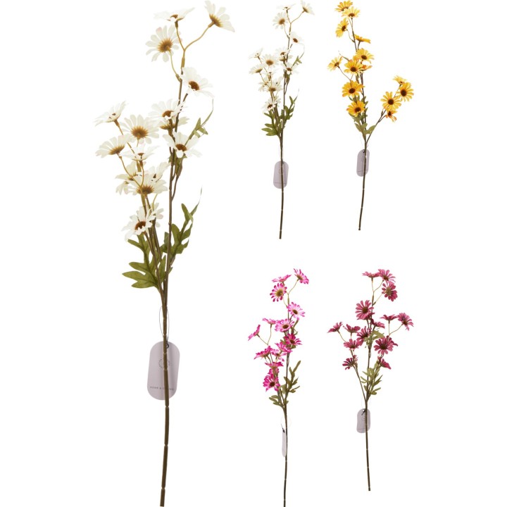 Vijf takken met kleurrijke, kunstmatige bloemen in geel, wit, roze en paars.