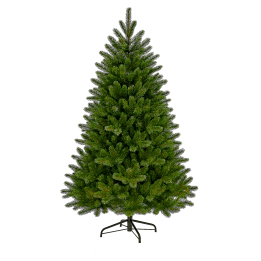 Groene kunstkerstboom met volle takken, rechtopstaand op een zwart metalen standaard.