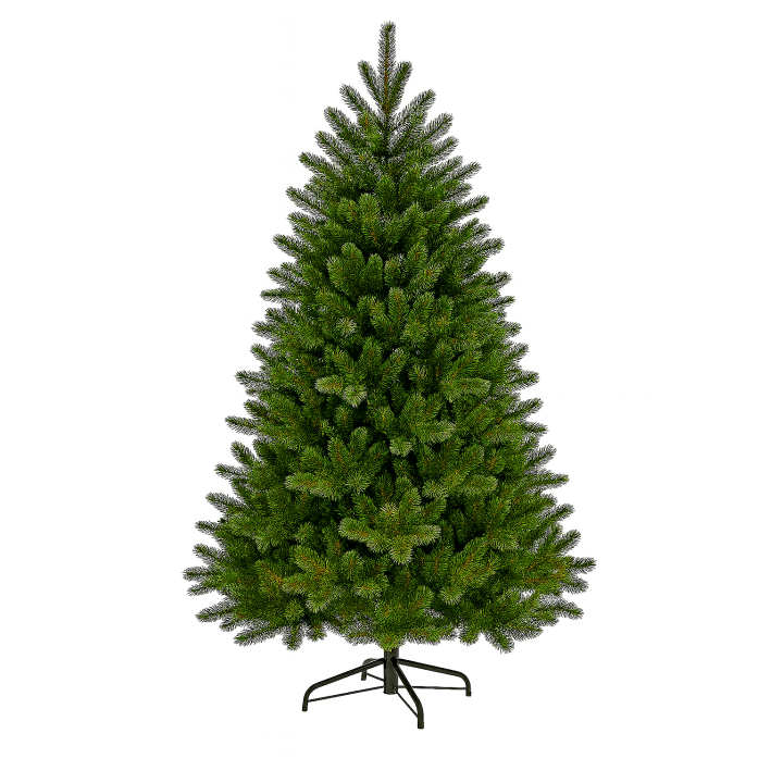 A lush green artificial Christmas tree with a sturdy black stand.