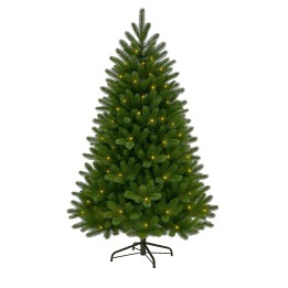 A lush green artificial Christmas tree adorned with warm, glowing lights.