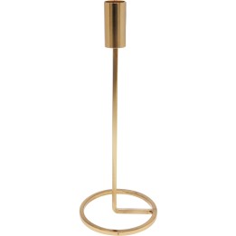 A sleek, modern gold candle holder with a circular base and slender upright stem.