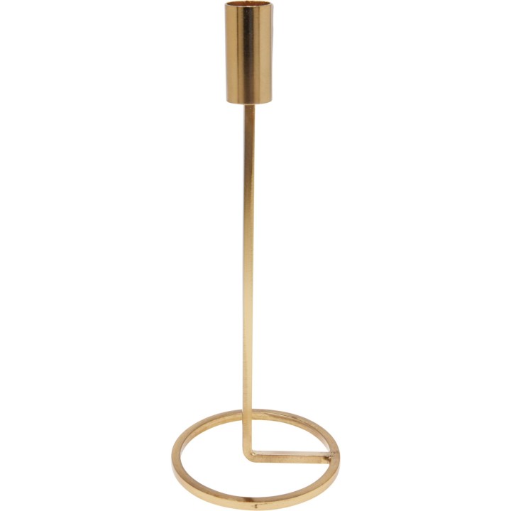A sleek, modern gold candle holder with a circular base and slender upright stem.