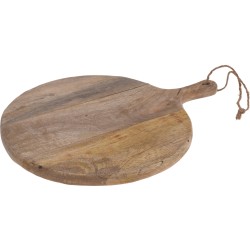 Ronde, houten snijplank met een natuurlijke afwerking en een handvat met touw.