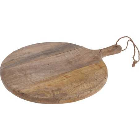 Ronde, houten snijplank met een natuurlijke afwerking en een handvat met touw.