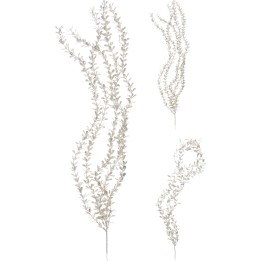 Drie sierlijke takken met kleine, groenachtige blaadjes, elegant en natuurlijk vormgegeven.