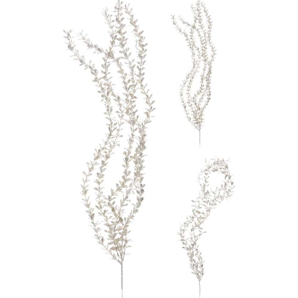 Drie sierlijke takken met kleine, groenachtige blaadjes, elegant en natuurlijk vormgegeven.