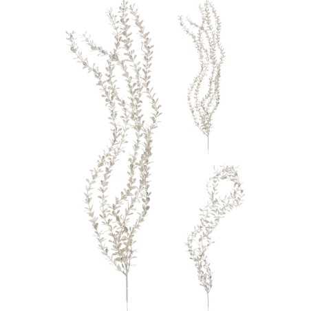 Drie sierlijke takken met kleine, groenachtige blaadjes, elegant en natuurlijk vormgegeven.