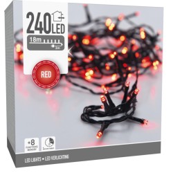 Box of red LED string lights with a black wire, featuring 240 lights for decorative use.
