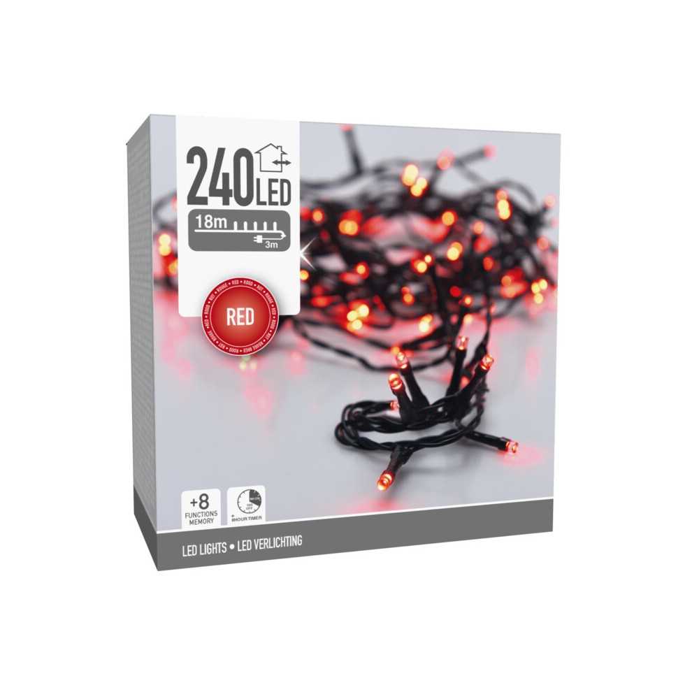 Box of red LED string lights with a black wire, featuring 240 lights for decorative use.
