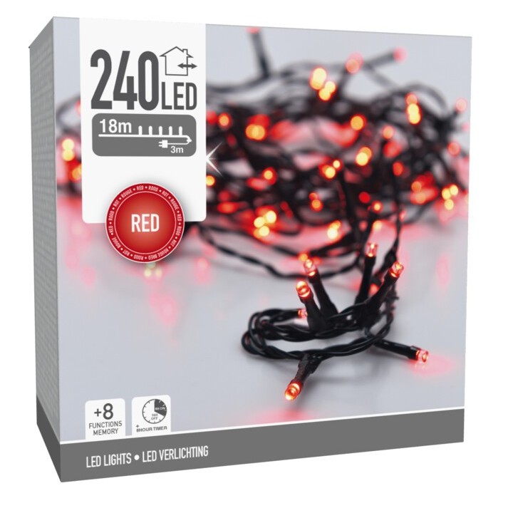 Box of red LED string lights with a black wire, featuring 240 lights for decorative use.