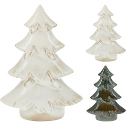 Trois sapins en verre, aux teintes blanches et vertes, aux formes élégantes et lisses.