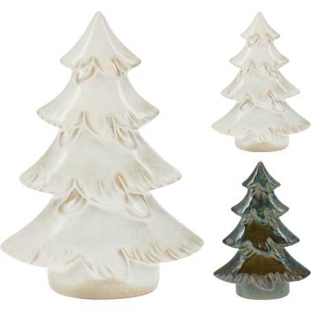 Trois sapins en verre, aux teintes blanches et vertes, aux formes élégantes et lisses.