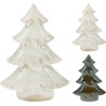 Drie glazen kerstbomen in verschillende groottes, met een glanzende, witte en groene afwerking.