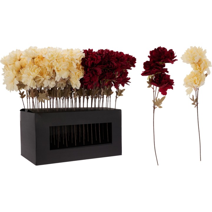 A black box holds vibrant faux flowers in rich red and soft cream, with delicate stems.