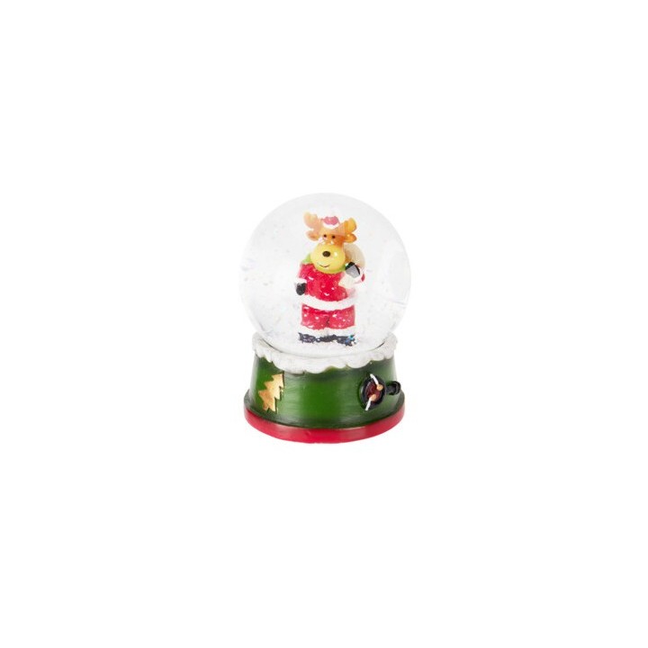 A festive snow globe with a reindeer in a Santa suit, surrounded by sparkling snow.