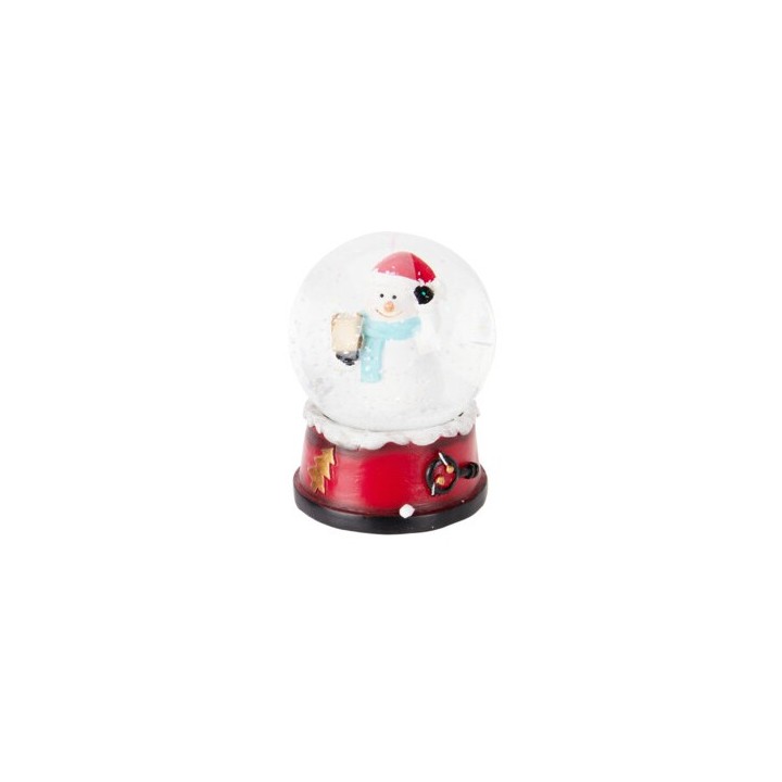 A festive snow globe featuring a cheerful snowman in a red hat, set on a bright red base.