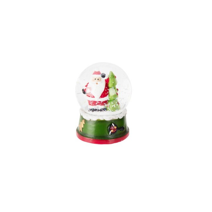 A festive snow globe featuring Santa Claus beside a green tree, with white snowflakes inside.