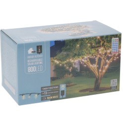 A box displaying warm white LED string lights for indoor and outdoor use, featuring a tree.