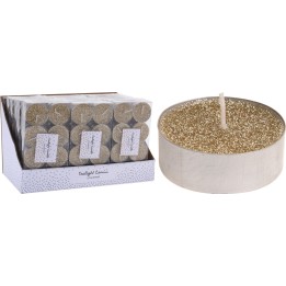 A shimmering gold candle with a sparkly top, accompanied by a box of matching tealights.