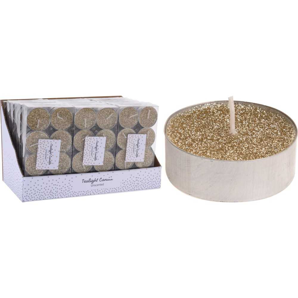 Bougies dorées scintillantes, élégantes, présentées en boîte raffinée.
