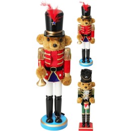 Soldat en peluche avec chapeau, uniforme rouge, blanc et noir, tenant une trompette.