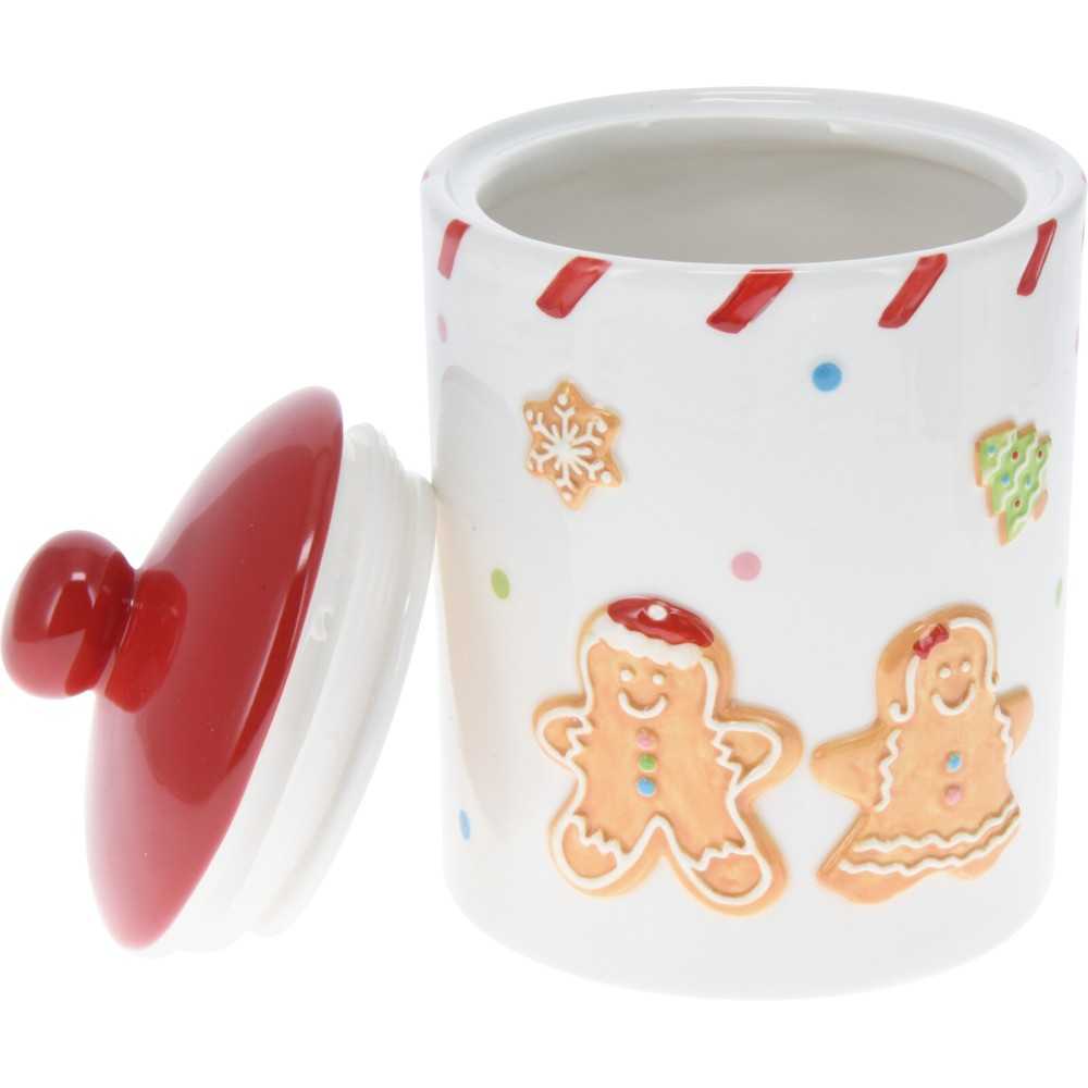 Witte koekjestrommel met rode deksel, versierd met gingerbreadfiguren en feestelijke motieven.