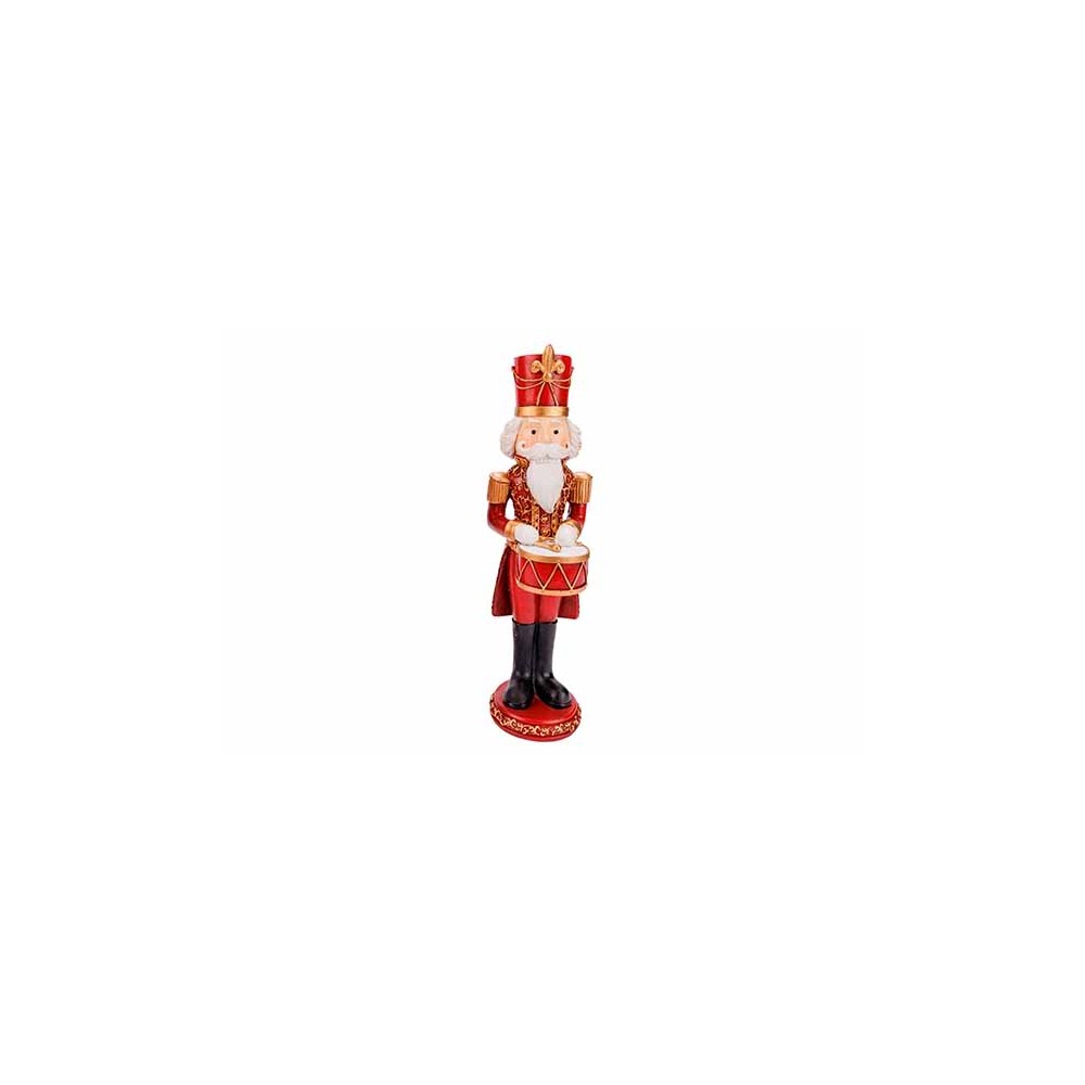 Kleurrijke kerstfiguur van een trommelende nutcracker in rood, goud en zwart.
