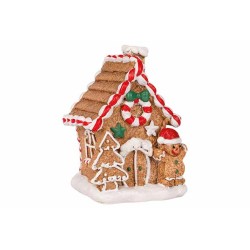 Een schattig peperkoekhuisje met kleurrijke versieringen en een sneeuwbedekking.