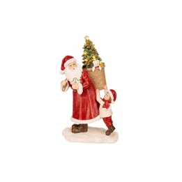 A cheerful Santa in red robes carries a tree while a boy assists, evoking holiday spirit.