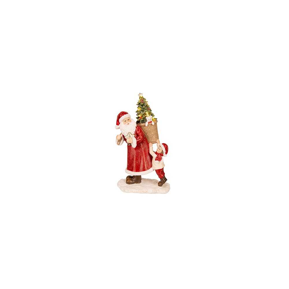 Kerstman in een rode mantel met een kind, beiden met kerstaccessoires en een boom in een mand.