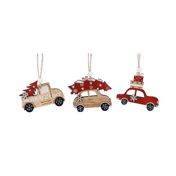 Three festive wooden car ornaments, each with colorful decorations and a cheerful holiday theme.