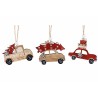 Three festive wooden car ornaments, each with colorful decorations and a cheerful holiday theme.