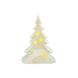 A glossy white ceramic Christmas tree with yellow star accents.