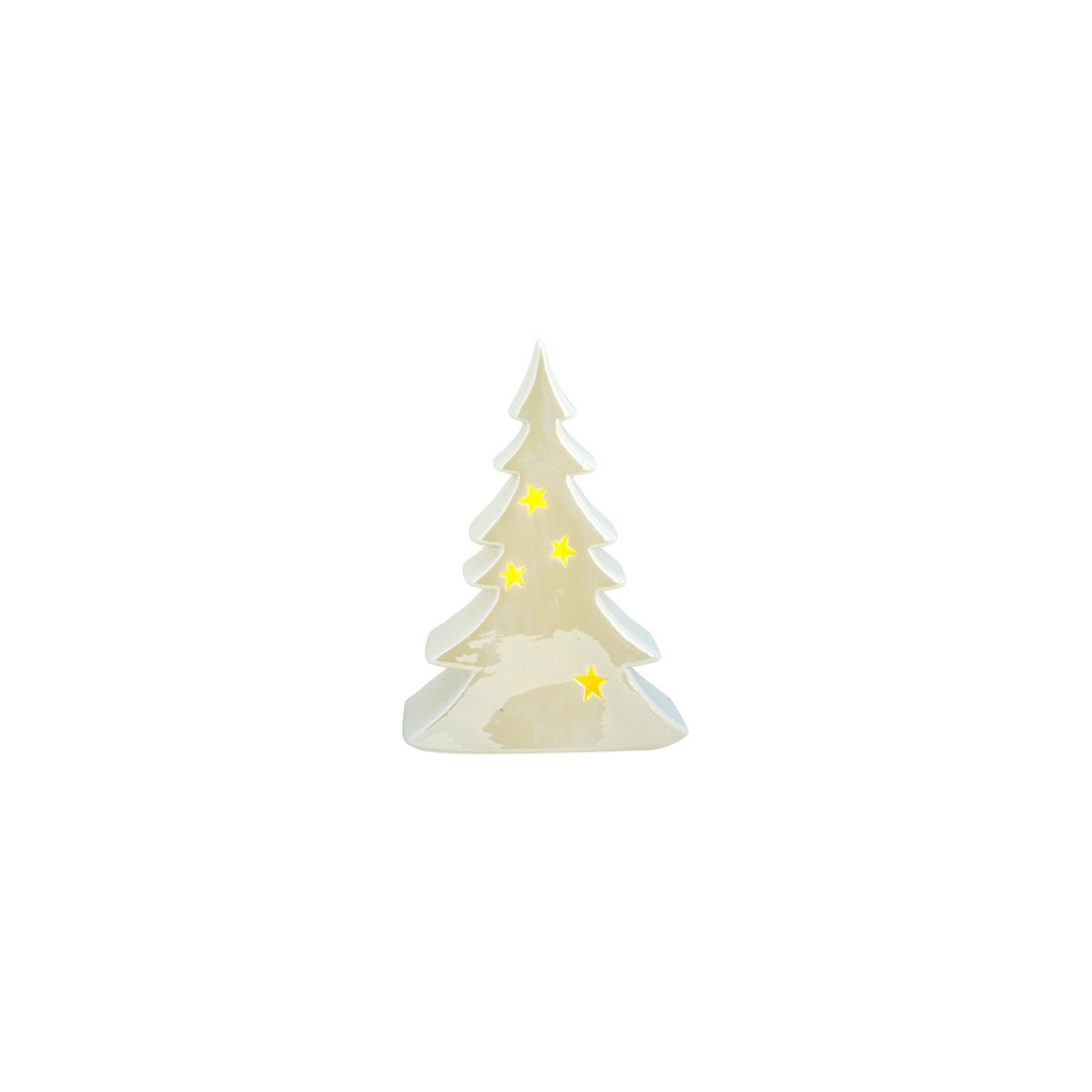 A glossy white ceramic Christmas tree with yellow star accents.