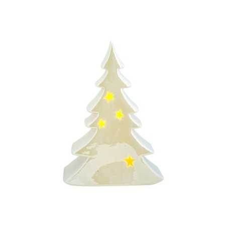 A glossy white ceramic Christmas tree with yellow star accents.