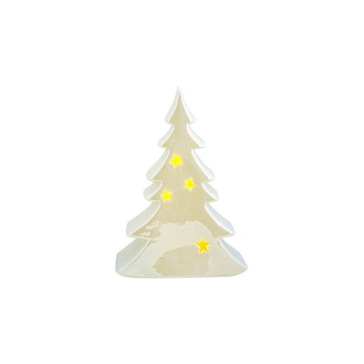 A glossy white ceramic Christmas tree with yellow star accents.