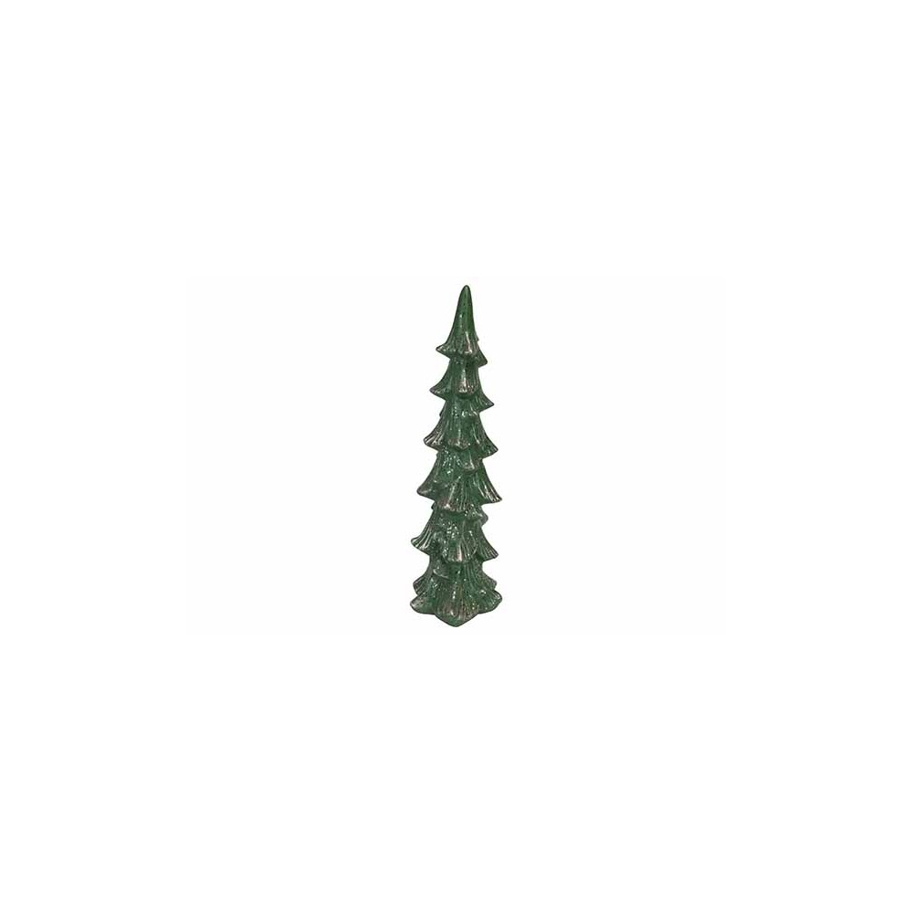 Groene, glanzende kerstboom van keramiek, met een speelse, puntige top en geribbelde takken.