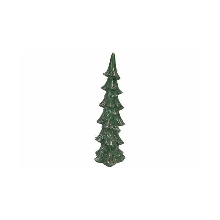 A tall, glossy green ceramic Christmas tree with pointed branches.