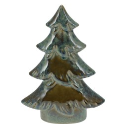 Sculpture en céramique d'un sapin stylisé, aux nuances vertes et brunes, surface lisse.