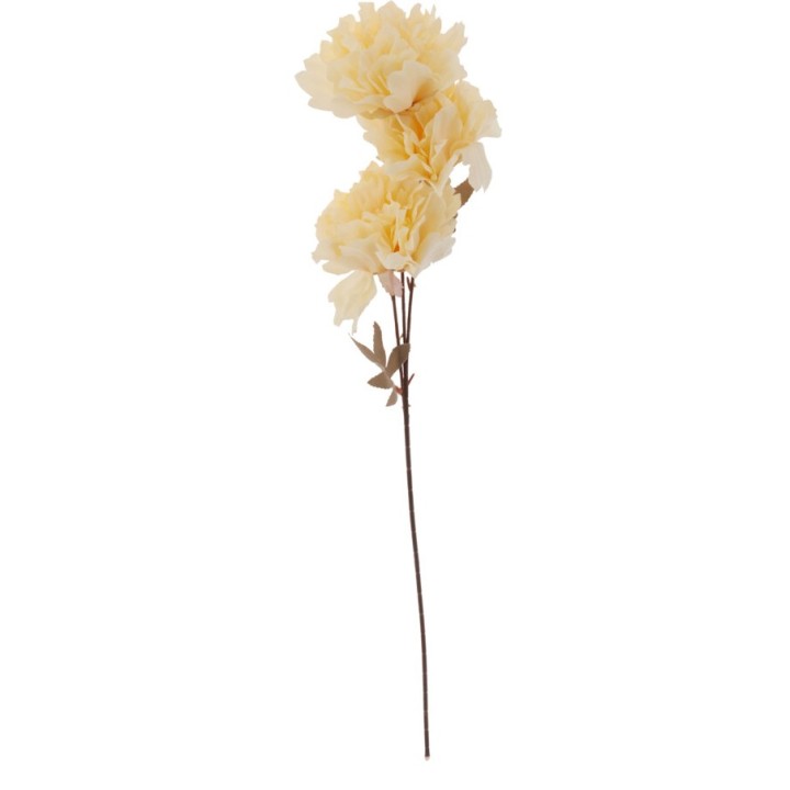 Een lange tak met zachtgele, kunststof bloemen en een dunne, bruine steel.