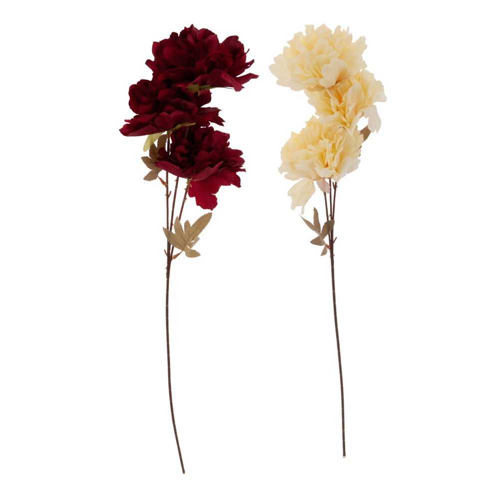 Two delicate artificial flower stems, one with deep red blooms and the other in soft cream, both ...