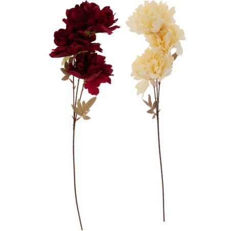 Two delicate artificial flower stems, one with deep red blooms and the other in soft cream, both ...