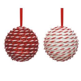 Two spherical ornaments, one red and one white, wrapped in a twisted red and white pattern.