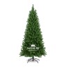 A tall, lush green artificial Christmas tree with a metal base. A tall, lush green artificial Christmas tree with a metal base.